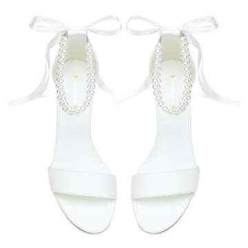 Women's Block Heel Wedding Shoes for Bride Open Toe Chunky Heeled Sandals Pearl Bridal Pumps Shoes Ivory US5