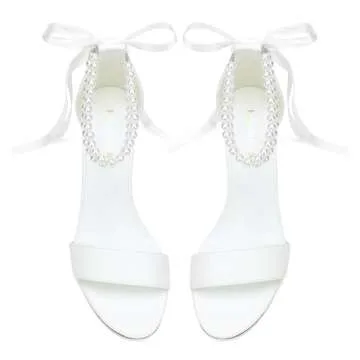 Women's Block Heel Wedding Shoes for Bride Open Toe Chunky Heeled Sandals Pearl Bridal Pumps Shoes Ivory US5