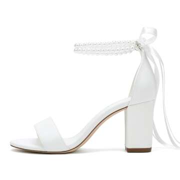 Women's Block Heel Wedding Shoes for Bride Open Toe Chunky Heeled Sandals Pearl Bridal Pumps Shoes Ivory US5