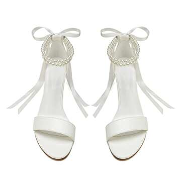 Women's Block Heel Wedding Shoes for Bride Open Toe Chunky Heeled Sandals Pearl Bridal Pumps Shoes Ivory US5