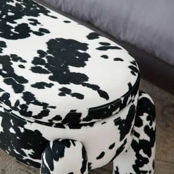 Ya-Home Modern Storage Bench, 44.7 Inch Upholstered Ottoman Bench Velvet Fabric End of Bed Stool, Cute Entryway Bench for Bedroom Living Room Entryway, Black Cow