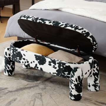 Ya-Home Modern Storage Bench, 44.7 Inch Upholstered Ottoman Bench Velvet Fabric End of Bed Stool, Cute Entryway Bench for Bedroom Living Room Entryway, Black Cow