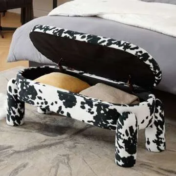 Ya-Home Modern Storage Bench, 44.7 Inch Upholstered Ottoman Bench Velvet Fabric End of Bed Stool, Cute Entryway Bench for Bedroom Living Room Entryway, Black Cow