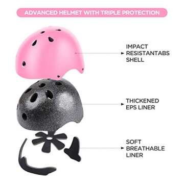 DaCool Kids Bike Helmet and Skateboard Knee Pads Set - Adjustable Protective Gear for 3-10 Years Gir...