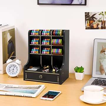 Marbrasse Pen Organizer for Desk，Updated Thicker Wooden DIY Pen Holder with Drawer Desk Stationary Organizer,Art Supply Organizer Storage for Home Office Supplies (Black)