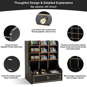 Marbrasse Pen Organizer for Desk，Updated Thicker Wooden DIY Pen Holder with Drawer Desk Stationary Organizer,Art Supply Organizer Storage for Home Office Supplies (Black)