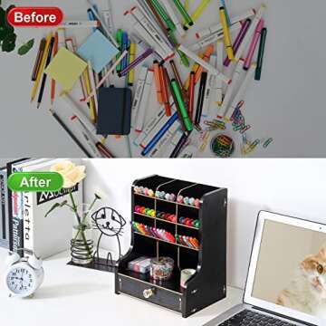 Marbrasse Pen Organizer for Desk，Updated Thicker Wooden DIY Pen Holder with Drawer Desk Stationary Organizer,Art Supply Organizer Storage for Home Office Supplies (Black)