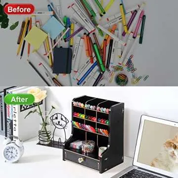 Marbrasse Pen Organizer for Desk，Updated Thicker Wooden DIY Pen Holder with Drawer Desk Stationary Organizer,Art Supply Organizer Storage for Home Office Supplies (Black)