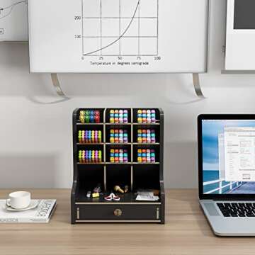 Marbrasse Pen Organizer for Desk，Updated Thicker Wooden DIY Pen Holder with Drawer Desk Stationary Organizer,Art Supply Organizer Storage for Home Office Supplies (Black)