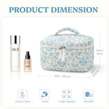 Prite Large Makeup Bag Cute Cosmetic Bag for Women Floral Coquette Aesthetic Toiletry Bag Travel Make Up Organizer Bag(Blue Flower)