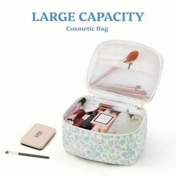 Prite Large Makeup Bag Cute Cosmetic Bag for Women Floral Coquette Aesthetic Toiletry Bag Travel Make Up Organizer Bag(Blue Flower)
