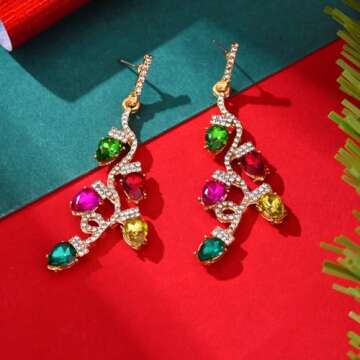 Christmas Light Bulbs Earrings for Women Lights Linear Sparkly Rhinestone Colorful Crystal Bulb Drop...
