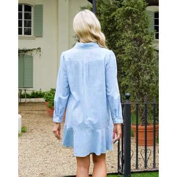 Women's Tunic Mini Shirt Dress Cotton Long Sleeve Ruffle Hem Dress Button Up Shift Chambray Dresses