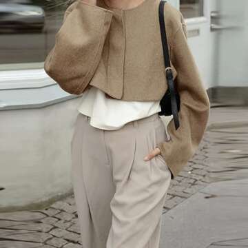 Maixang Women's Casual Cropped Jacket Long Sleeve Shacket Wool Blend Button Short Outwear Coat(Khaki,M)