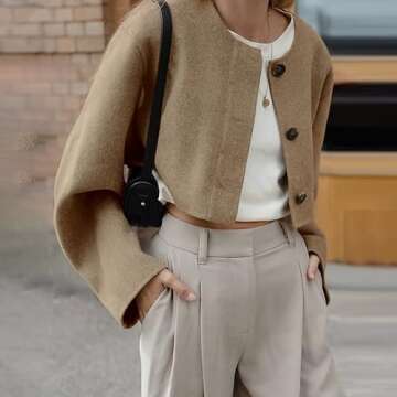 Maixang Women's Casual Cropped Jacket Long Sleeve Shacket Wool Blend Button Short Outwear Coat(Khaki,M)