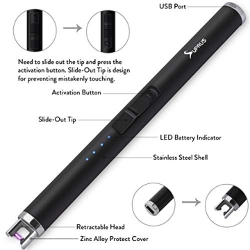 SUPRUS Lighter - Electric Candle USB Type C Rechargeable Lighter with Upgraded LED Battery Display Safety Switch Flameless Plasma Windproof for Cooking BBQs Fireworks