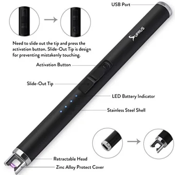 SUPRUS Lighter - Electric Candle USB Type C Rechargeable Lighter with Upgraded LED Battery Display Safety Switch Flameless Plasma Windproof for Cooking BBQs Fireworks
