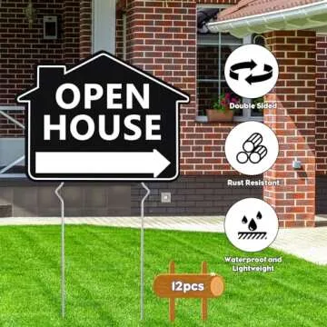 Beeveer 12 Pack Open House Signs with Stakes for Estate Large Double Sided Estate Sale Yard Signs with 24 Metallic Balloons Markers Ribbons Directional Arrows Agent Supplies (Black,12 x 16 Inch)