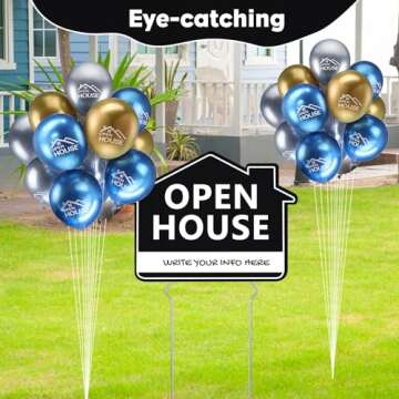 Beeveer 12 Pack Open House Signs with Stakes for Estate Large Double Sided Estate Sale Yard Signs with 24 Metallic Balloons Markers Ribbons Directional Arrows Agent Supplies (Black,12 x 16 Inch)