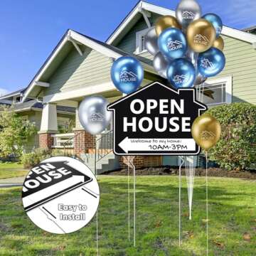 Beeveer 12 Pack Open House Signs with Stakes for Estate Large Double Sided Estate Sale Yard Signs with 24 Metallic Balloons Markers Ribbons Directional Arrows Agent Supplies (Black,12 x 16 Inch)