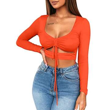 Mizoci Women's Sexy Ruched Tie Up Crop Top Basic Long Sleeve Cut Out T Shirt,X-Large,Orange