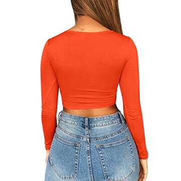 Mizoci Women's Sexy Ruched Tie Up Crop Top Basic Long Sleeve Cut Out T Shirt,X-Large,Orange