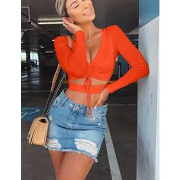 Mizoci Women's Sexy Ruched Tie Up Crop Top Basic Long Sleeve Cut Out T Shirt,X-Large,Orange