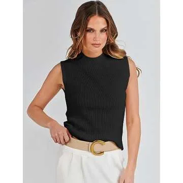 ANRABESS Womens Summer Sleeveless Tops Casual Mock Neck Loose Fit Knit Lightweight Sweater Pullover Top Black-S
