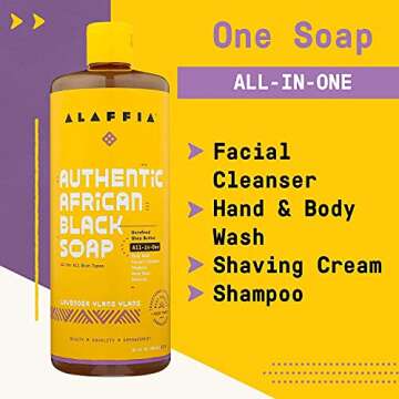 Alaffia Skin Care, Authentic African Black Soap, All in One Body Wash, Face Wash, Shampoo & Shaving Soap with Fair Trade Shea Butter Lavender Ylang Ylang 32 Fl Oz
