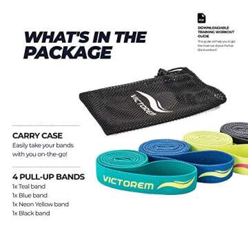 Victorem Pull Up Assistance Bands Set - Set of 4 Long Fabric Resistance Bands for Home - Sturdy Stretchy Equipment for Home Exercise and Stretching - Perfect for Fitness with Bag and Workout Guide