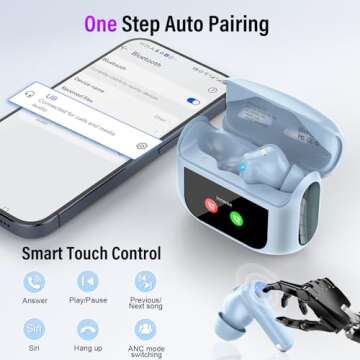 Wireless Earbuds, Bluetooth 5.4 Headphones with Multifunctional Touch Screen, 48H Bass Stereo Ear Buds with ANC/ENC Noise Cancelling/Transparency Mode, IPX7 Earphones with 5 EQ Modes, Blue