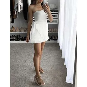 ChainJoy Womens High Waist Ruffle Hem Tie Wrap Skirt Summer Casual A Line Overlap Skirt White Large