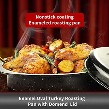 JY COOKMENT Granite Roaster Pan, Small 13” Enameled Roasting Pan with Domed Lid. Oval Turkey Roaster Pot, Broiler Pan Great for Small Chicken, Lamb. Dishwasher Safe Cookware Fit for 7Lb Bird