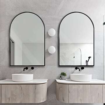 TinyTimes 20"x30" Arched Wall Mirror, Vanity Mirror, with Metal Frame, for Bathroom, Bedroom, Entryway, Modern & Contemporary Wall Mirror - Black