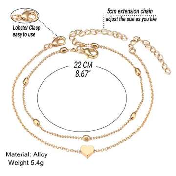 Fesciory Women Anklet Adjustable Beach Ankle Chain Gold Alloy Foot Chain Bracelet Jewelry Gift (Heart)