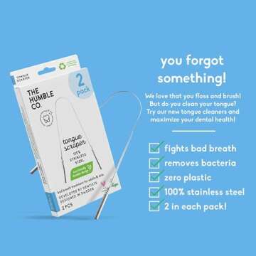 The Humble Co. Tongue Scraper – 100% Stainless Steel Tongue Cleaner, For Superior Oral Care, Dental Hygiene and Tongue Cleaning, Helps Eliminate Bad Breath, BPA Free (2pk)