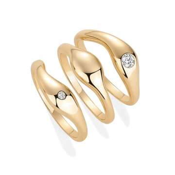 PAVOI 14K Yellow Gold Plated Chunky Stackable Rings Set for Women | Wavy Triple Ring Stack | Cubic Zirconia Bands Pack| Size 8