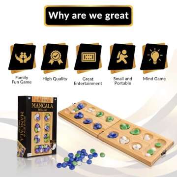 Point Games Solid Pine Mancala - Folding Board Game with Blue, Green, White Marbles- Portable Strategy Travel Game - Recommended Ages 6+