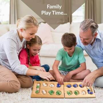 Point Games Solid Pine Mancala - Folding Board Game with Blue, Green, White Marbles- Portable Strategy Travel Game - Recommended Ages 6+