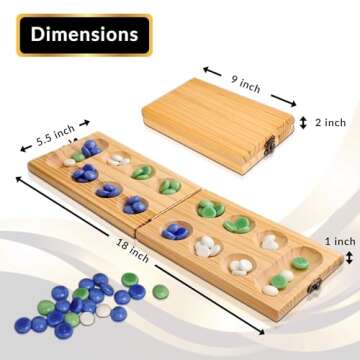 Point Games Solid Pine Mancala - Folding Board Game with Blue, Green, White Marbles- Portable Strategy Travel Game - Recommended Ages 6+