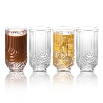 INSETLAN Vintage Glassware Arch Design Glass cups Set of 4, Fashioned Ripple Glassware Highball Glas...