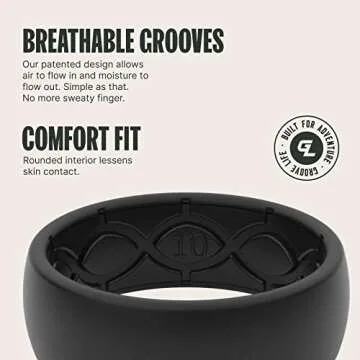 Groove Life Solid Black/Black Ring - Breathable Silicone Wedding Rings for Men, Lifetime Coverage, Unique Design, Comfort Fit Ring - Size 9
