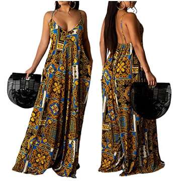 Women's Casual Loose Dresses Sleeveless V Neck Spaghetti Straps Summer Maxi Dress Floor Length Plus Size Long Sundress