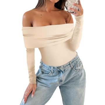 AGECODE Women's Sexy Off The Shoulder Ruched Layer Long Sleeve Bodysuit Tops Shirts Khaki Medium