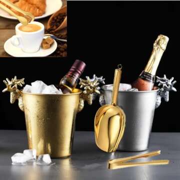 Stainless Steel Ice Scoop and Ice Tongs,Food Scoop Metal Ice Scooper&Buffet Clip for Home Bar Buffet Wedding Canisters, Easy Clean & Durable (gold)