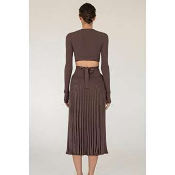 Meladyan Women 2 Piece Dress Outfits Sexy Knit Pleated Skirt Tie Back Long Sleeve Crop Top Shirt Sweater Two Pieces Set