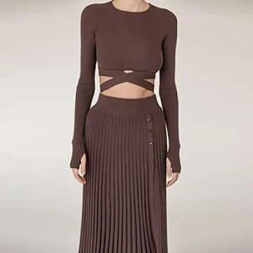 Meladyan Women 2 Piece Dress Outfits Sexy Knit Pleated Skirt Tie Back Long Sleeve Crop Top Shirt Sweater Two Pieces Set