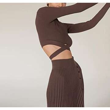 Meladyan Women 2 Piece Dress Outfits Sexy Knit Pleated Skirt Tie Back Long Sleeve Crop Top Shirt Sweater Two Pieces Set