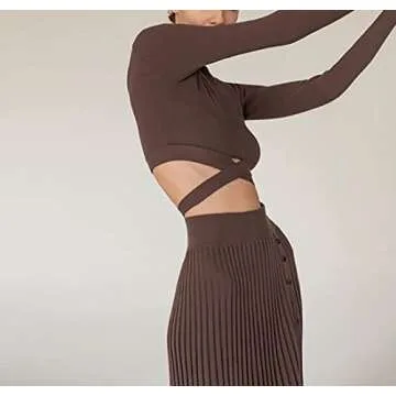 Meladyan Women 2 Piece Dress Outfits Sexy Knit Pleated Skirt Tie Back Long Sleeve Crop Top Shirt Sweater Two Pieces Set