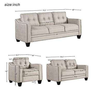 3 Pieces Mid-Century Modern Sofa Sets with Rivets - Linen Fabric Couch for Living Room